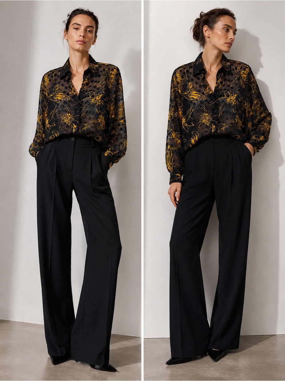 Vintage Black & Gold Sheer Polka Dot & Floral Print Blouse Size M